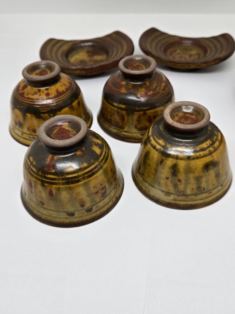Redware Sake / Tea cups with Saucers, Brown, Yellow, Red - Picture 5 of 8
